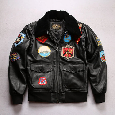 Top Gun G1 Bomber Jacket – Men's Classic Cow Leather Motorcycle Coat with Detachable Lamb Collar