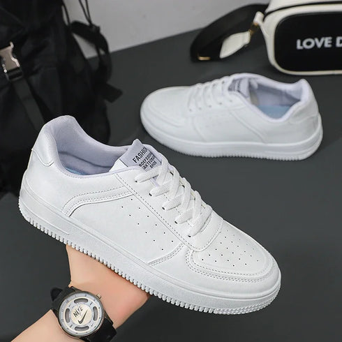 White Leather Sneakers for Men-Casual Lightweight Flat Shoes