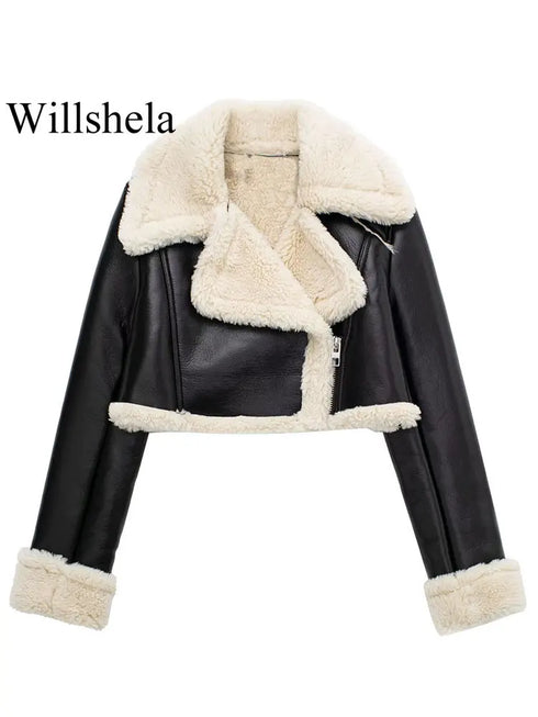 Women's Vintage Lapel Neck Zipper Jacket – Solid Color Thick Outerwear for Winter