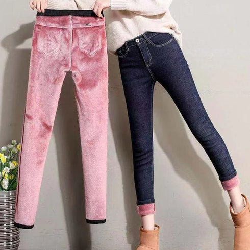 Women's High-Waisted Skinny Jeans – Thick Denim Pencil Pants for Winter