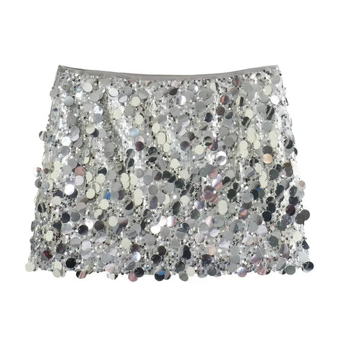 Women's High Waist Silver Sequin Mini Skirt – Elegant Shiny Glitter Short Skirt for Fashion-Forward Y2K Street Style, Spring 2024 Edition