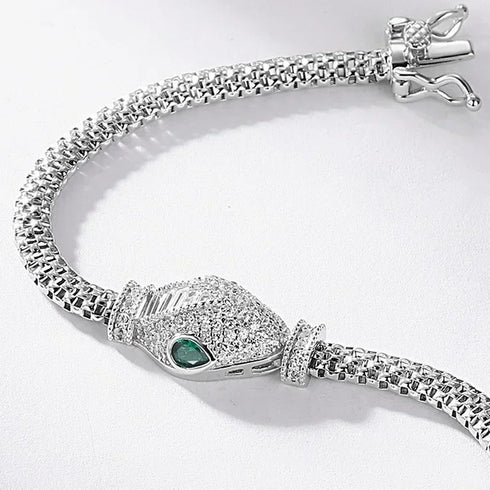 925 Sterling Silver Snake Bracelet – Hollow Snake Head with Green Eyes, Unisex Jewelry
