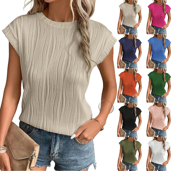 Womens Short Sleeve Textured Crewneck Top - Casual Tshirt