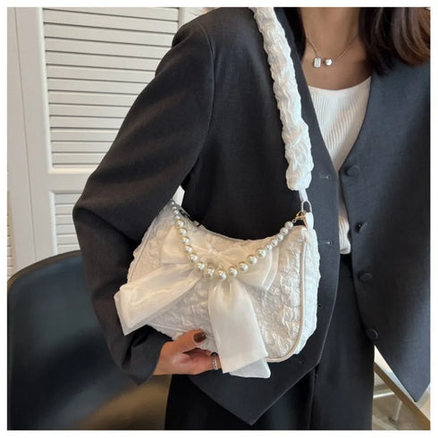 Pearl Female Bag Retro Luxury Designer Handbag Bow Crossbody Bags Fashion Canvas Women's 2023 Trend Shoulder bag Purses