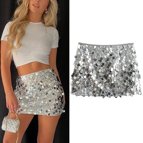 Women's High Waist Silver Sequin Mini Skirt – Elegant Shiny Glitter Short Skirt for Fashion-Forward Y2K Street Style, Spring 2024 Edition