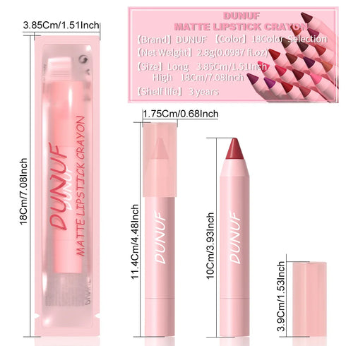 DUNUF 18-Color Waterproof Lipstick Pencil – Smudge-Proof Matte Lip Liner & Full Coverage Lipstick for Bold & Defined Lips