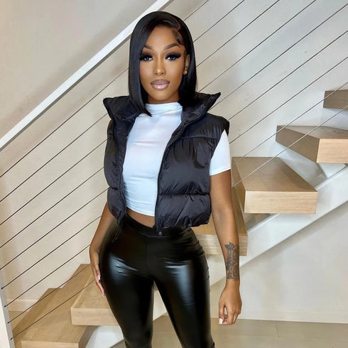 Women’s Winter Short Quilted Vest - Sleeveless Wide-Waisted Cotton Down Vest with Turtleneck and Zipper Closure for Outdoor Travel