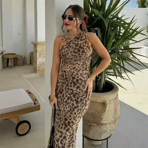 TRAF Sleeveless Leopard Mesh Bodysuit for Women – Off Shoulder Slim Fit Summer Tulle Lingerie-Inspired Bodywear with Fold Details