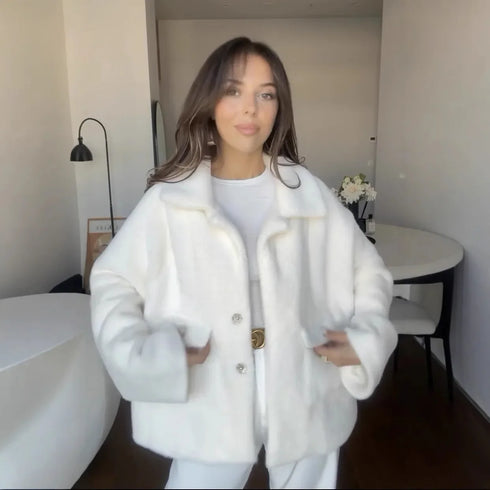 Women's Thick Faux Fur Coat – Soft Long Sleeve Jacket with Turn-Down Collar and Pockets – Casual  Winter Outerwear