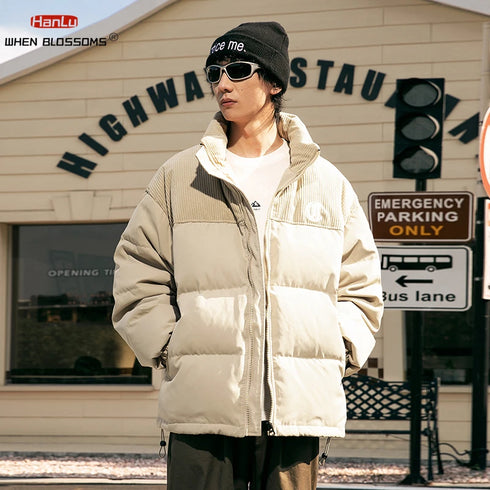 Unisex Corduroy Embroidered Winter Parka – Thick Down Cotton Jacket for Casual Streetwear