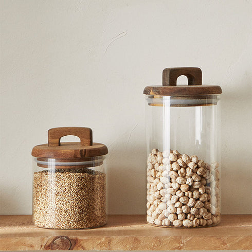 650/1100/1800ml Glass Food Storage Jar with Wooden Lid – Canister for Coffee, Tea, Grains & Snacks