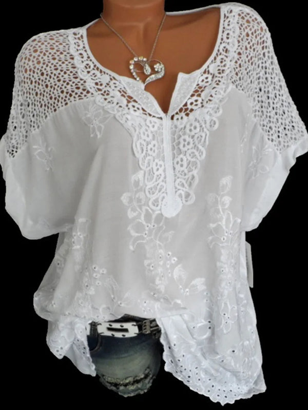 Solid Color Lace-Trimmed Loose Fit Casual Top with Short Sleeves and Office Lady Styling for Middle-Aged Women