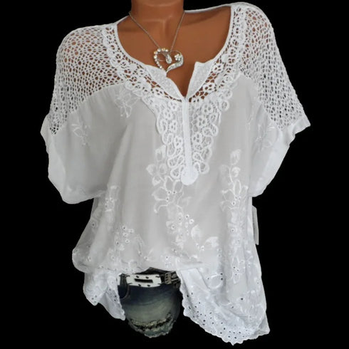 Solid Color Lace-Trimmed Loose Fit Casual Top with Short Sleeves and Office Lady Styling for Middle-Aged Women