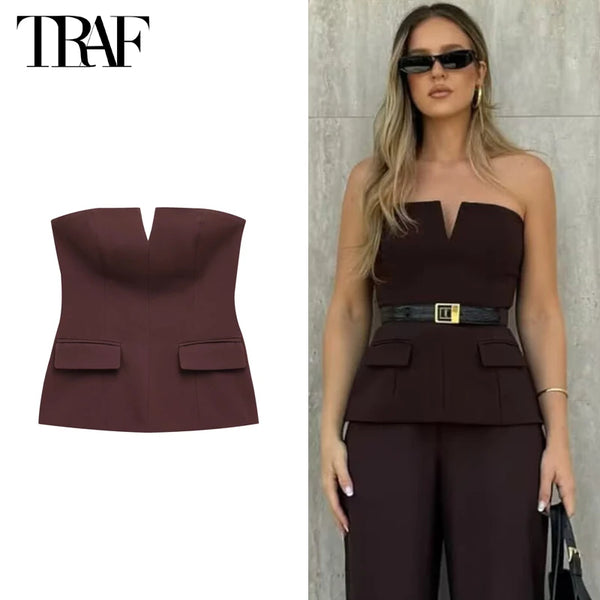TRAF Women’s Strapless Off-Shoulder Tube Crop Top – Sexy Backless Bustier-Inspired Vest for Spring and Summer in Solid Colors, Non-Stretch Blended Fabric for Middle-Aged Fashion Enthusiasts
