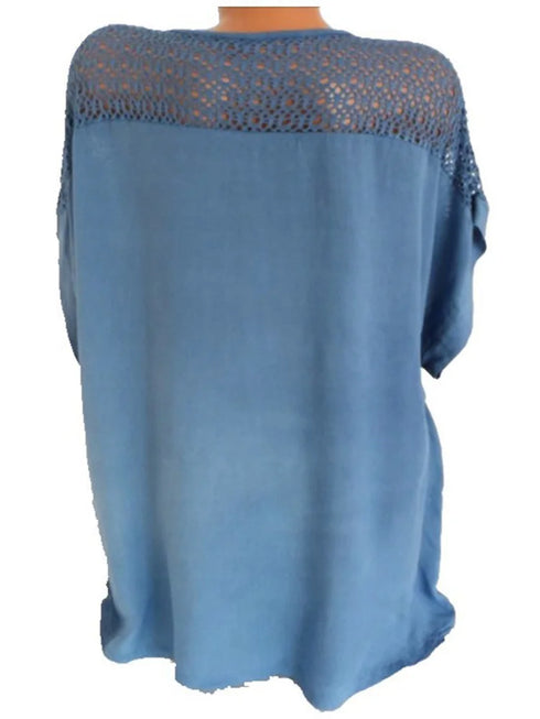 Solid Color Lace-Trimmed Loose Fit Casual Top with Short Sleeves and Office Lady Styling for Middle-Aged Women