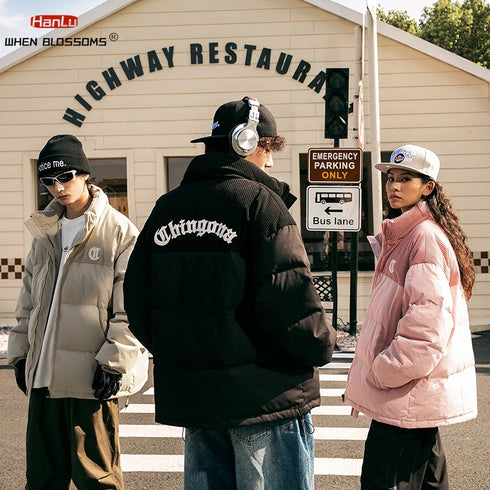 Unisex Corduroy Embroidered Winter Parka – Thick Down Cotton Jacket for Casual Streetwear