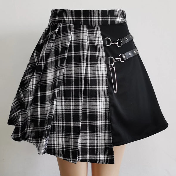 Women’s Gothic Sweet Plaid Pleated Mini Skirt - High Waist Asymmetrical Kawaii Chic Skirt with Sequins for Casual Summer Fashion