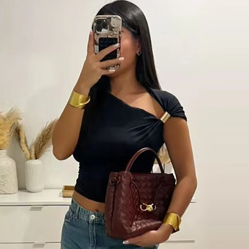 TRAF Spring/Summer Women’s Asymmetrical Tank Top – Sexy Tight-Fit Y2K-Inspired Camis in Yellow, Black, and Khaki, Medium Stretch Blended Polyester Fabric for Middle-Aged Women’s High Street Fashion