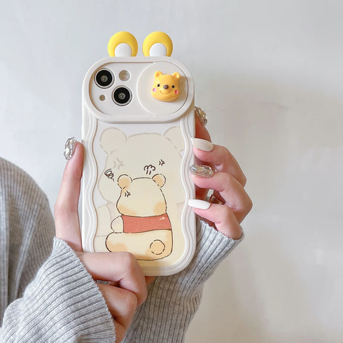 3D Ears Cartoon Sliding Camera Case | Stitch, Mickey, Minnie, Winnie Bear Design for iPhone 11-16 Pro Max, XR, XS, and More
