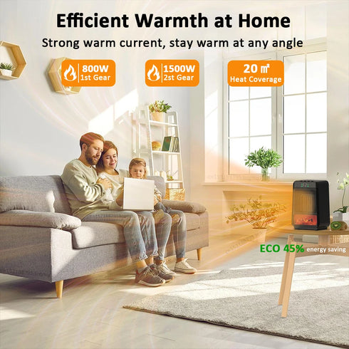 1500W Portable Electric Fan Heater with Realistic Flame Effect, Timer, and Dual Heat Settings for Home & Office