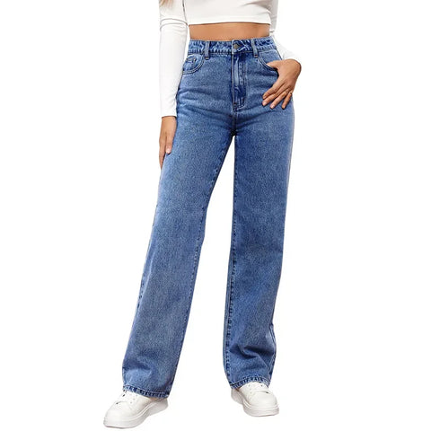 Women's High-Waisted Loose-Fit Straight-Leg Coated Jeans – Ankle-Length Winter Denim