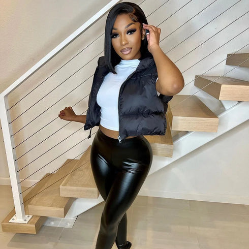 Women’s Winter Short Quilted Vest - Sleeveless Wide-Waisted Cotton Down Vest with Turtleneck and Zipper Closure for Outdoor Travel