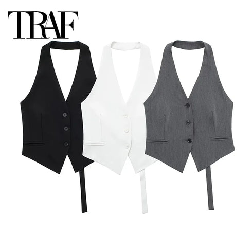 TRAF Women’s Off-Shoulder V-Neck Sleeveless Cropped Vest – Tailored Backless Short Waistcoat with Button Closure – Black and White Solid Color Summer Outerwear for Modern Street Style