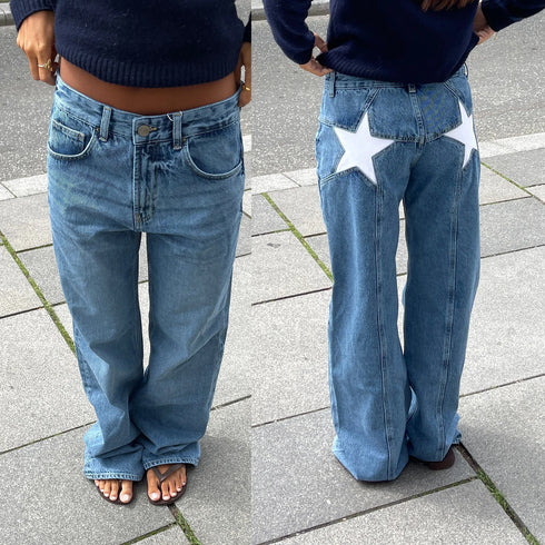 Women's High-Street Low-Waist Star Pattern Denim Jeans – Casual Straight-Leg Pants