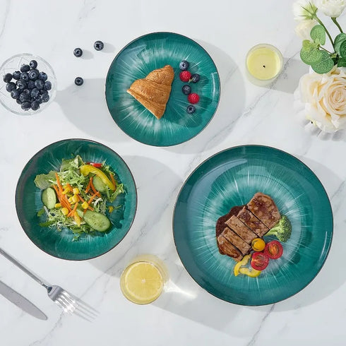 12-Piece Green Marble Porcelain Dinnerware Set – Plates and Bowls for 4, Premium Round Kitchen Dish Set, Microwave & Dishwasher Safe