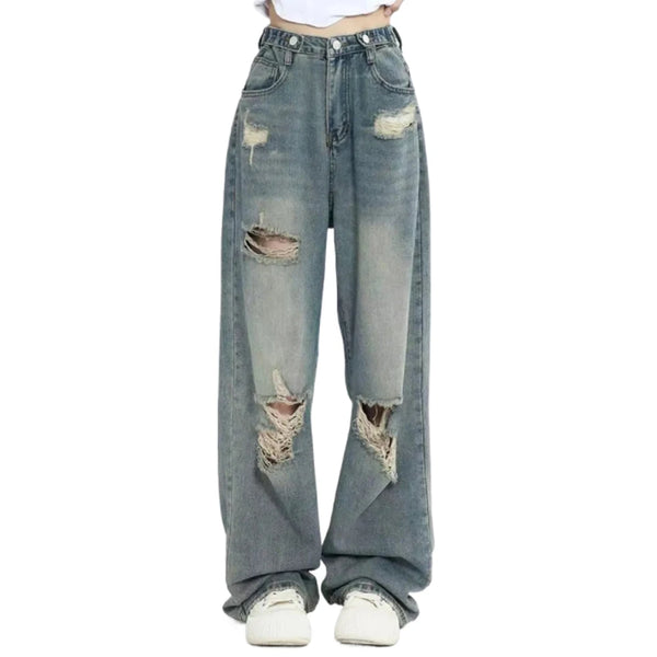 Women's High-Waisted Ripped Wide-Leg Jeans – Vintage American Retro Distressed Denim