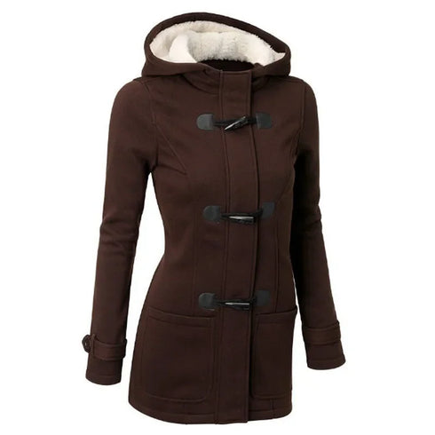 Women’s Hooded Cotton Winter Coat - Classic Cow Horn Button Jacket with Leather Buckle for Timeless Style