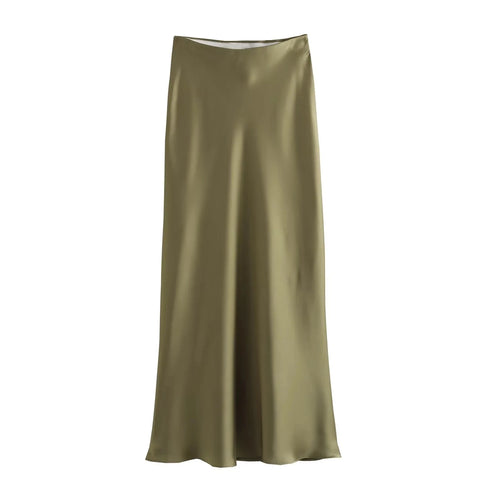 Women’s Solid Satin Midi Skirt with Silk Texture – Slim Fit Empire Waist Mermaid Skirt for Elegant Party and Vintage Fashion