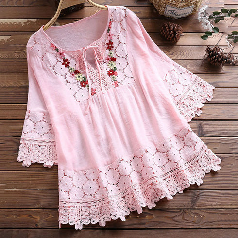 Women's Ethnic Style Loose Tops-2024 Embroidered Cotton Lace Blouses