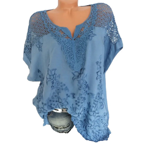 Solid Color Lace-Trimmed Loose Fit Casual Top with Short Sleeves and Office Lady Styling for Middle-Aged Women