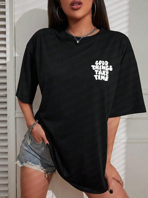 Women's O Neck Cotton Tee Shirts-Good Things Take Time Letter Printed Summer Tops