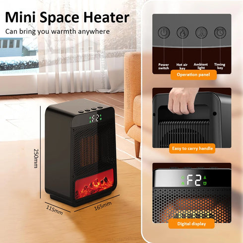 1500W Portable Electric Fan Heater with Realistic Flame Effect, Timer, and Dual Heat Settings for Home & Office