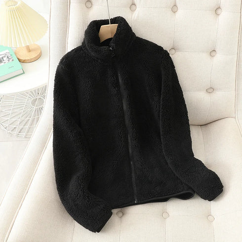 Women's Double-Sided Velvet Fleece Coat – Warm Winter Polar Fleece Jacket with Pockets & Zipper Closure