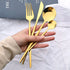 24Pcs Black Handle Gold Cutlery Set – Stainless Steel Knife Fork Spoon Flatware Dinnerware