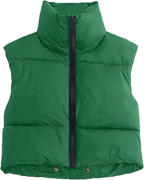 Women’s Winter Short Quilted Vest - Sleeveless Wide-Waisted Cotton Down Vest with Turtleneck and Zipper Closure for Outdoor Travel