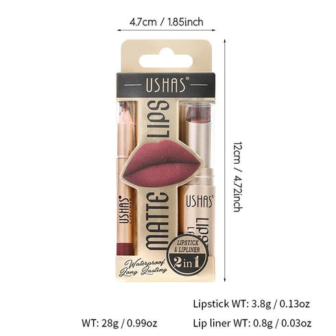 USHAS 2-in-1 Long-Lasting Lipstick & Lip Liner Set – Matte, High-Pigment, Smudge-Proof Nude & Red Shades for Bold, Defined Lips