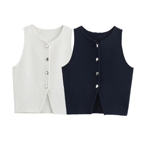 TRAF Women’s Elegant Cropped Knitted Tank Vest – Short Button-Decorated Sleeveless Casual Summer Top in Solid White and Blue for Modern Seasonal Styling