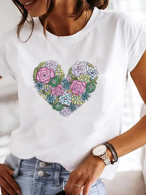 Casual Watercolor Heart Print T Shirts for Women-Short Sleeve Tee Shirt
