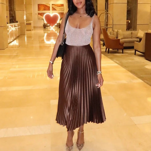 Women's Ruffle Pleated Midi Skirt - Elegant Brown Cylinder Pleat Mid-Waist High Street Fashion for All Seasons (2025 Edition)