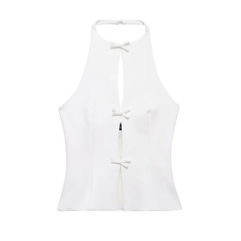 TRAF Women’s Vintage-Inspired Sleeveless Bow-Trimmed Tank Top – Elegant Solid O-Neck Off-Shoulder Casual Vest for Spring and Summer