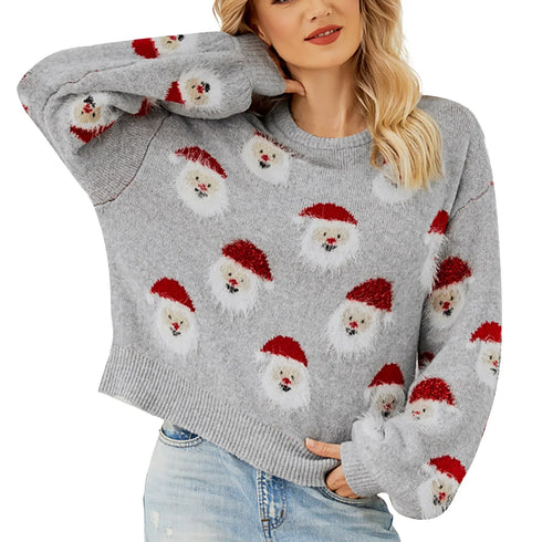 Women’s Christmas Santa Knit Sweater – Festive Long Sleeve Pullover with Furry Details