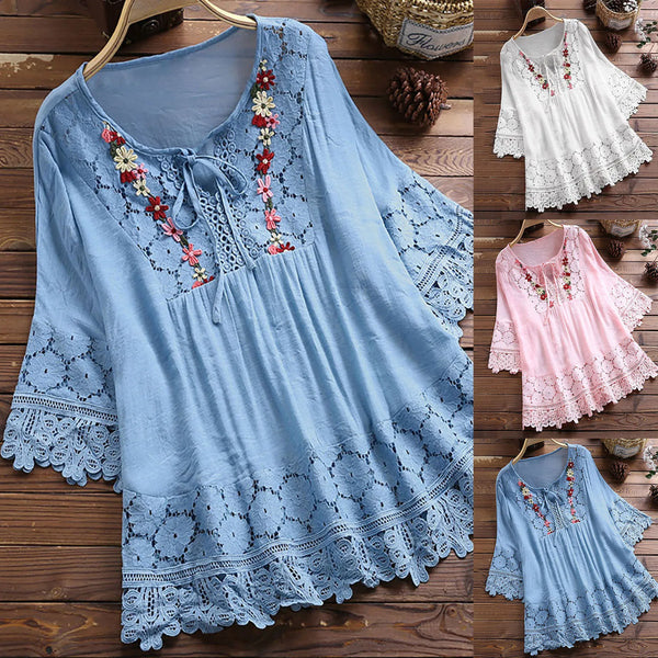 Women's Ethnic Style Loose Tops-2024 Embroidered Cotton Lace Blouses