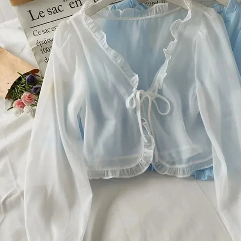 Women’s Three-Piece Sweet Style Chiffon Blouse Set with Puff Sleeves and Lace-Up Open Stitch Design – Midweight Polyester Fabric for Spring and Summer