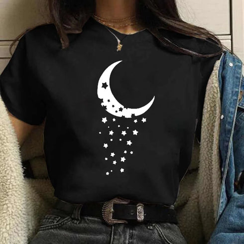 Moon Graphic Printed T Shirt for Women-Casual Tee Shirt