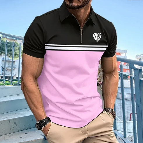 Men's summer beach T-shirt, striped printed casual polo, new fashion