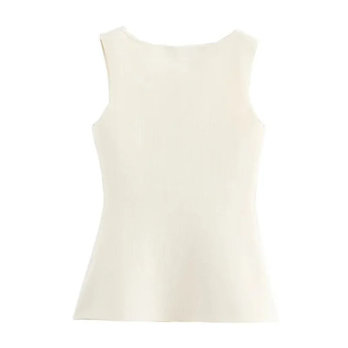 TRAF Women’s Summer 2024 Knitted Button-Front Vest – Sleeveless Tailored V-Neck Outerwear Top in Solid Polyester Blend – Elegant High Street Style for Casual and Formal Looks